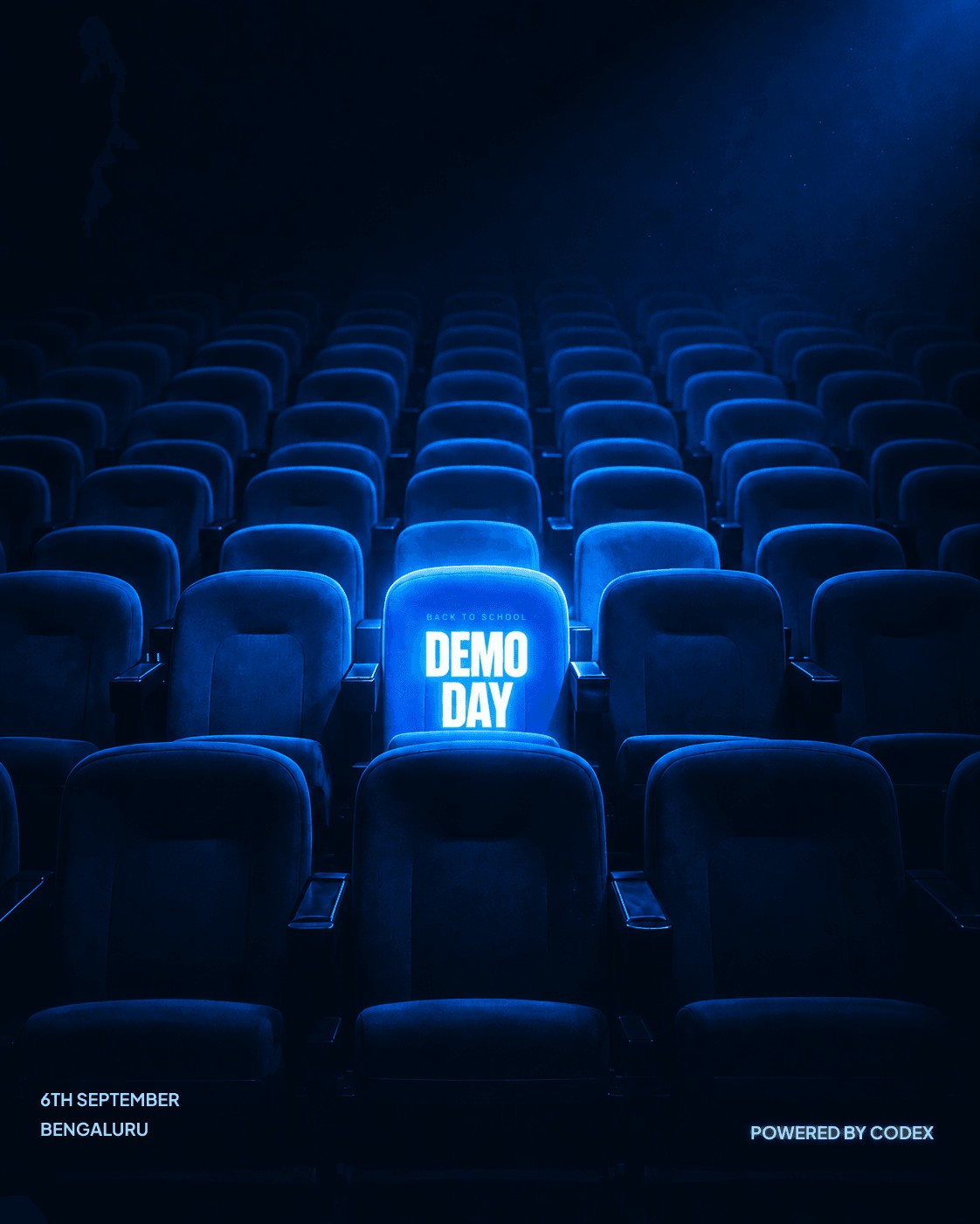 An empty theatre with a single glowing seat marked Demo Day