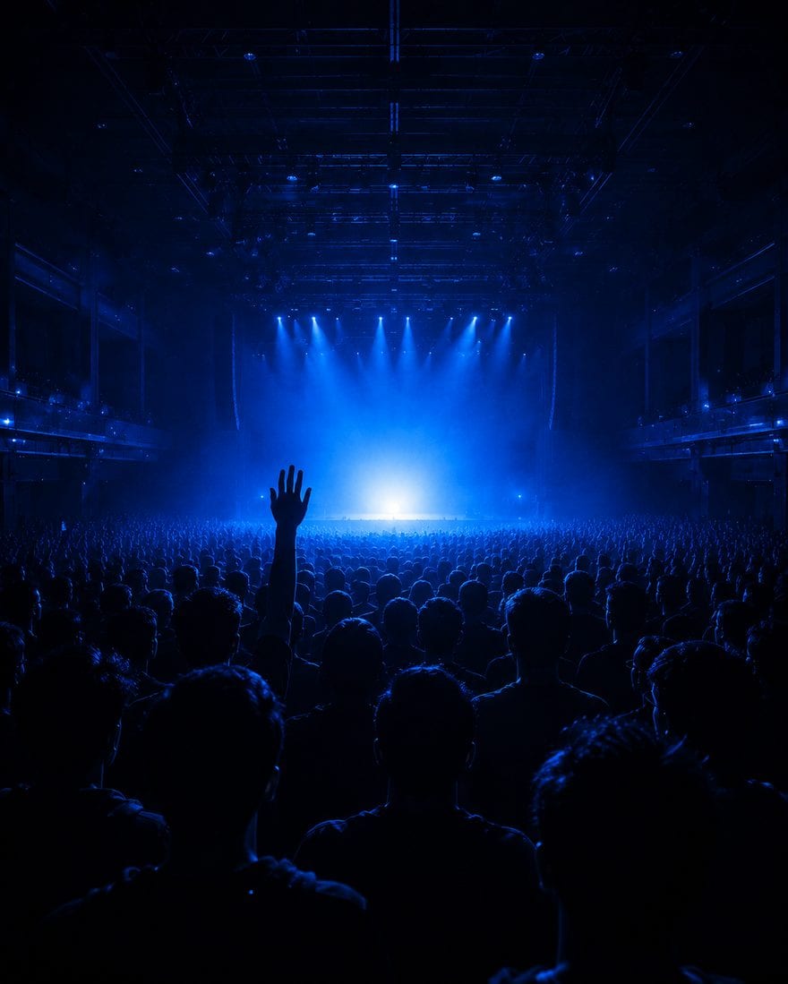 A packed venue lit blue, one hand raised in the crowd