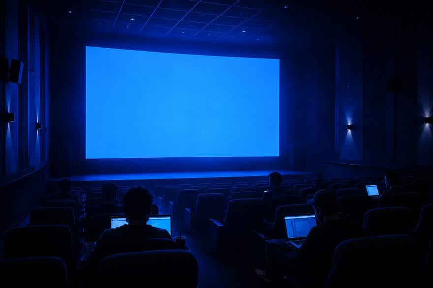 A vast blue screen glowing in a darkened auditorium
